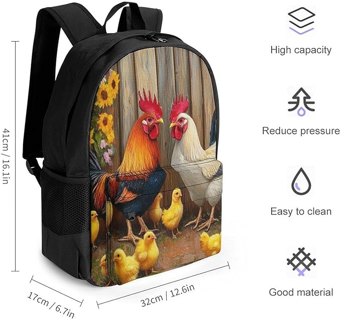 Supdreamc Men Women Polyester Garden Flowers Chicken Rooster Sunflowers Painting Casual Daypack Large Capacity Carry On Bag With Adjustable Shoulder Straps for Camping Work Running