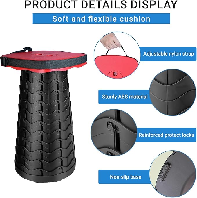 Upgraded Square Folding Stool, Max Load Capacity 485lbs, Portable Collapsible Seat, Telescoping Foldable Stool for Camping,Fishing,Hiking,Travel