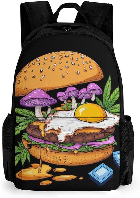 Daypack Backpack Anti-Theft Multipurpose Big Capacity Bookbag, Mushrooms Trippy Hamburger Art Business Computer Bag With Side Pockets