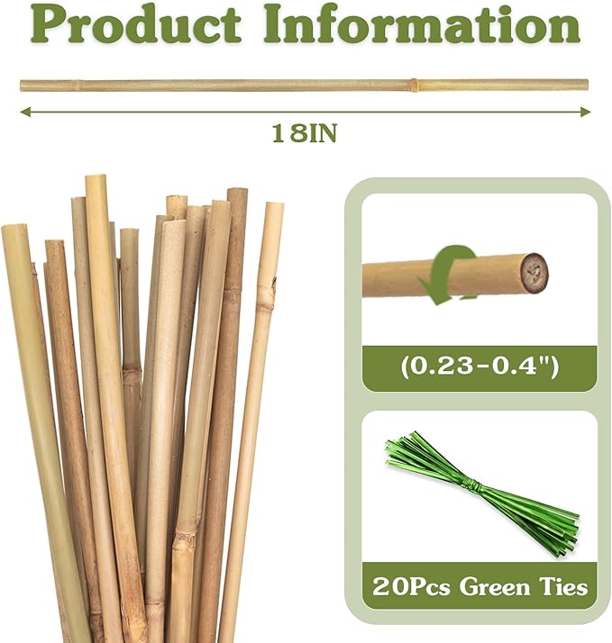 Plant Stakes 18inch, 20Pcs Natural Bamboo Sticks Garden Stakes, HAINANSTRY Plant Support Stakes for Indoor & Outdoor Plants, Orchid Tomato Vegetable Stakes for Garden