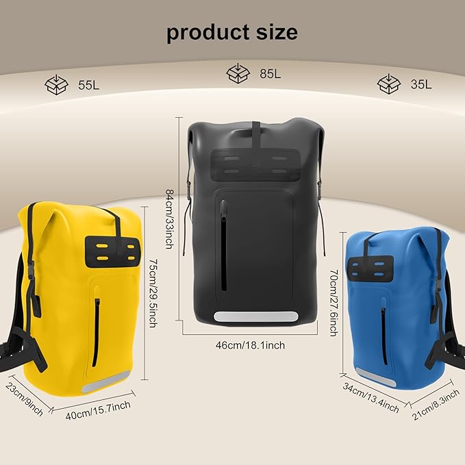 Waterproof Backpack，Heavy Duty Hiking Backpack，35/55/85L dry bag backpack waterproof for Men，Roll-Top Closure，for Kayaking, Travel, Hiking, Fishing, Camping, Motorcycles (yellow, 55L)