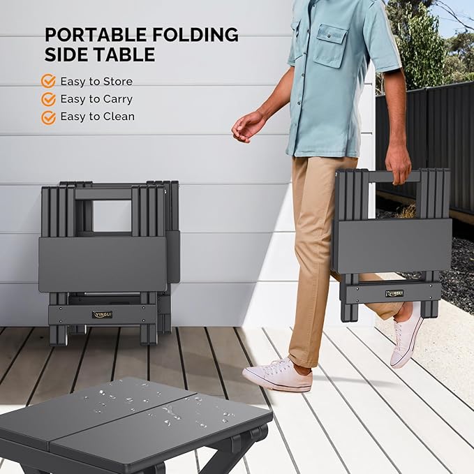 VINGLI Small Folding HDPE Side Table, Plastic Waterproof Portable Adirondack Coffee End Tables, All Weather for Patio, Backyard, Pool, Indoor Use, Black