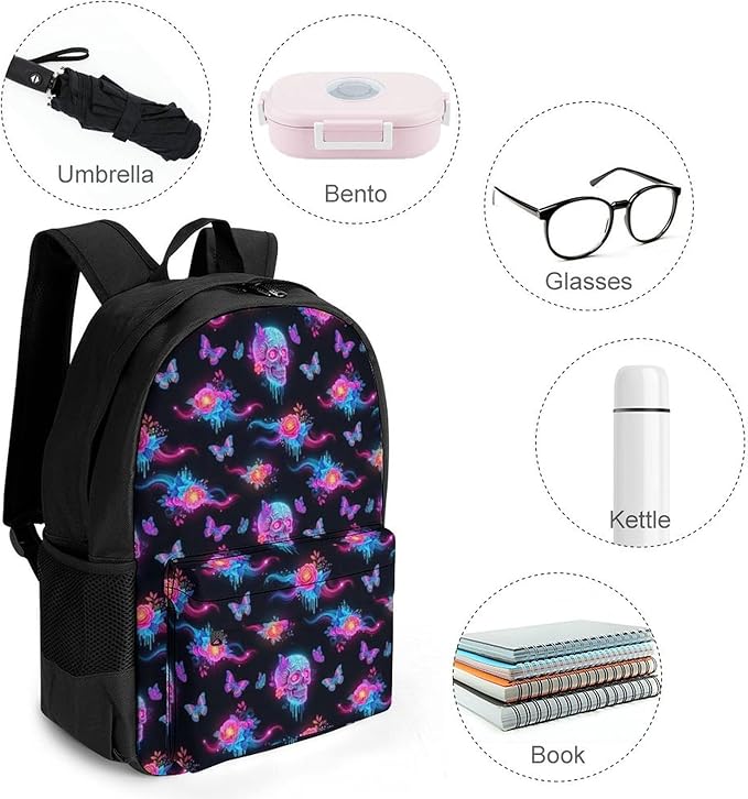 Polyester Daypack Backpack for Sports Travel Running, Big Capacity Anti-Theft Multipurpose Carry On Bag, Colorful Skulls Galaxy Butterflies Art Laptop Book Bag Rucksack