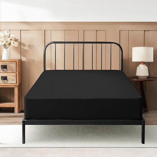Cot Fitted Sheet 31 x 75 Inches 8" Deep Pocket 100% Egyptian Cotton 600 Thread Count Snug Fit for Trifold Mattress, Narrow Twin, Camp Bunk, Guest Bed, Army Cot Soft & Breathable – Black