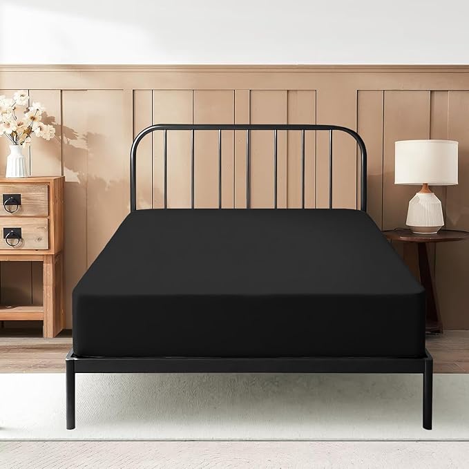 Queen Fitted Sheet 60 x 80 Inches 10" Deep Pocket 100% Egyptian Cotton 600 Thread Count Snug Fit for Trifold Mattress, Narrow Twin, Camp Bunk, Guest Bed, Army Cot Soft & Breathable – Black