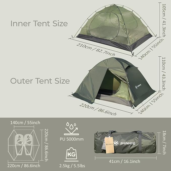 1/2 Person Backpacking Tent for 4 Season, Winter Ultralight Extreme Cold Weather Tents for Camping Easy Setup Waterproof Double Layer Tent for Family Outdoor Hiking Mountaineering