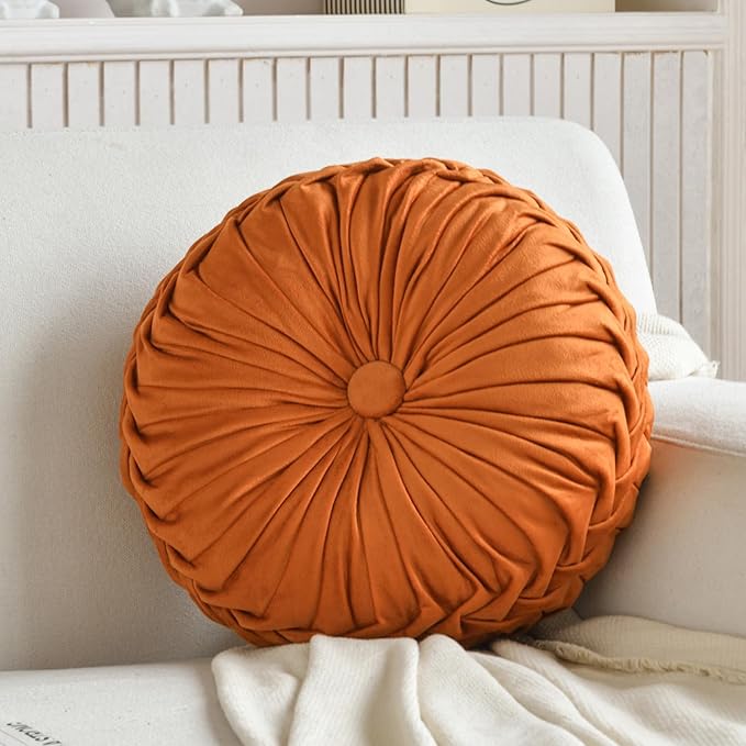 Round Throw Pillow Velvet Home Decoration Pleated Round Pillow Cushion for Couch Chair Bed Car Orange