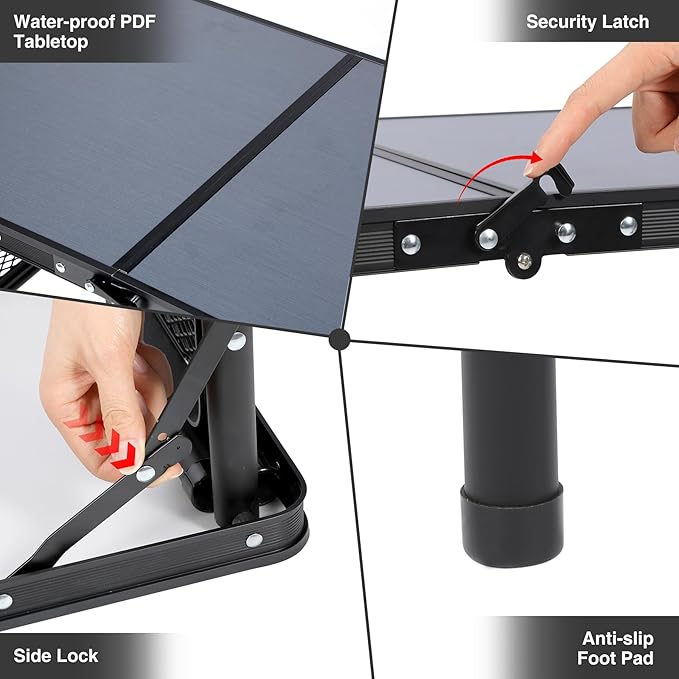 RedSwing Small Folding Table 2ft, Adjustable Height with Extra Space, Lightweight and Portable Aluminum Frame Camping Table for Outdoor Indoor Picnic, Black