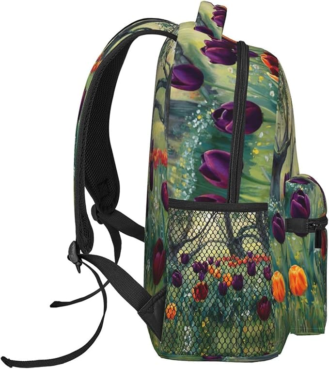 Men Women Lightweight Colorful Sea Of Tulips Art Daypack Bookbag Big Capacity Carry On Bag With Side Pockets for Camping Travel Bicycle