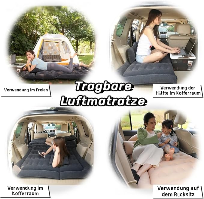 SUV Air Mattress Camping Bed Car Inflatable Mattress for Truck Backseat - Foldable Air Mattress with Flocking Surface and Pillows Portable Air Bed for Home Tent Camping Travel - Grey