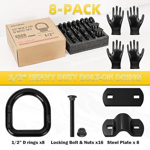 8-Pack 1/2-Inch Heavy Duty Bolt-On Forged D-Ring Shackles - 12,000Lbs Breaking Strength Truck Bed Anchors, Cargo Tie Down Hooks for Trailers, Trucks & Cargo Securement (Black)