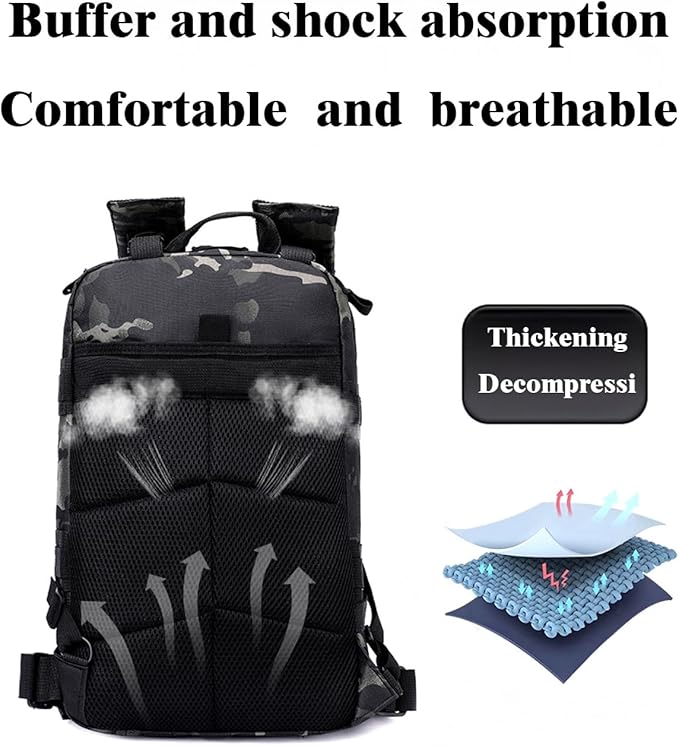 30L Comfortable Durable Military Tactical Backpack w/USA Flag Patch, MOLLE Hiking Camping Travel Bag,（black camouflage）