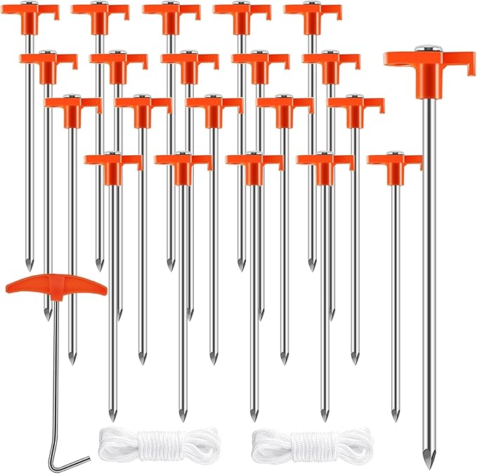 smillixin 23 Pack Tent Stakes Heavy Duty,10 Inch Non-Rust Metal Tent Pegs Camping Stakes,Ground Stakes Tent Spikes for Camping,Garden,Hiking,Grassland,with 1 Pcs Hooked Head & 2 Pcs 10FT Ropes