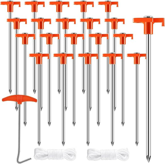 smillixin 23 Pack Tent Stakes Heavy Duty,10 Inch Non-Rust Metal Tent Pegs Camping Stakes,Ground Stakes Tent Spikes for Camping,Garden,Hiking,Grassland,with 1 Pcs Hooked Head & 2 Pcs 10FT Ropes