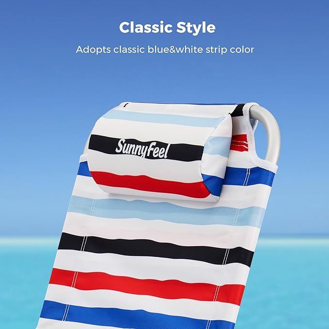SUNNYFEEL Portable Beach Chair, High Back Folding Beach Chair, Lightweight Camp Chair with Reclining Position, Backpack Lounger for Beach, Camping, Lawn, Outdoor, Red Blue White Striped, 2 Pack