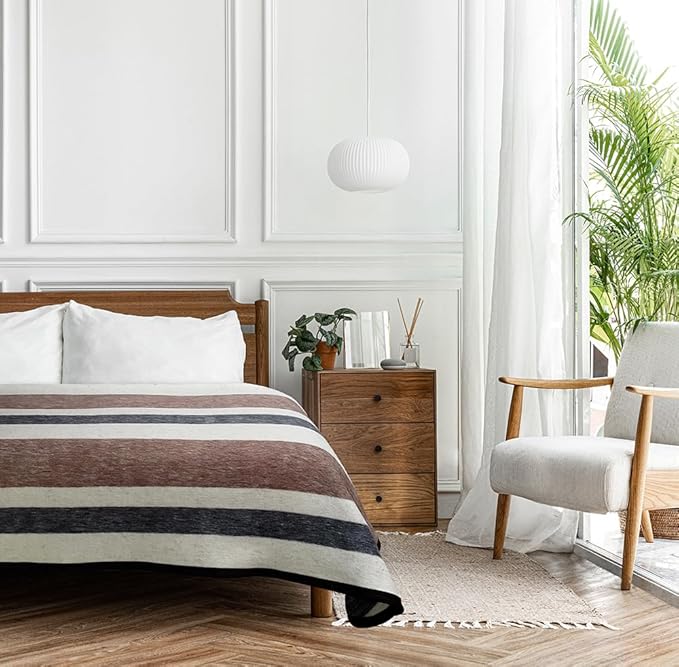Alpaca Warehouse 100% Natural Alpaca and Sheep Wool Blanket King Size Thick Heavyweight Comfortably Warm - Great for Outdoor Use - Striped Design 103" x 90" (Beige/Brown/Gray, King)