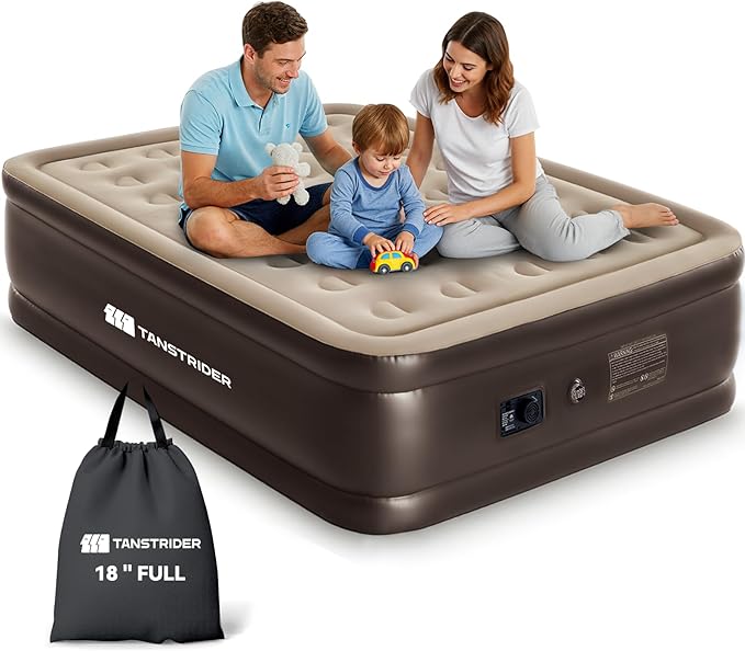 Air Mattress Full with Built in Pump,18'' Raised Blow Up Air Bed, 3 Mins Quick Self-Inflation/Deflation Inflatable Bed for Guests & Home, Outdoor Camping, 600lbs Max（Light Brown）