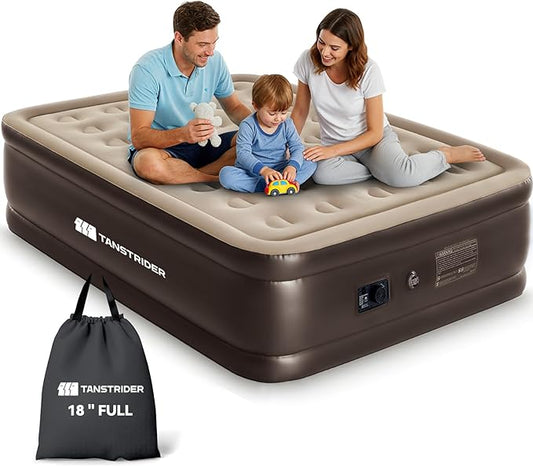 Air Mattress Full with Built in Pump,18'' Raised Blow Up Air Bed, 3 Mins Quick Self-Inflation/Deflation Inflatable Bed for Guests & Home, Outdoor Camping, 600lbs Max（Light Brown）