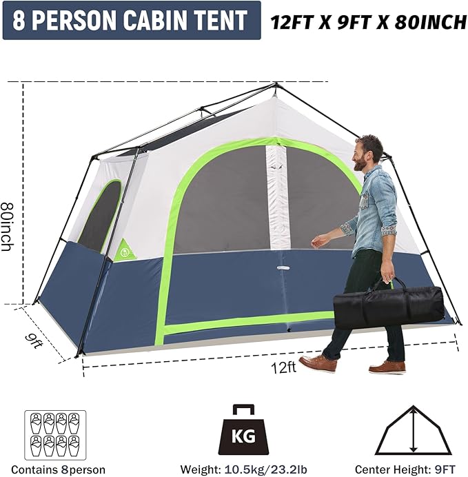 HIKERGARDEN 6-8 Person Camping Tent - Portable Family Cabin Tent for Camp, Windproof Fabric Camp Tent Outdoor for Hiking, Backpacking, Traveling