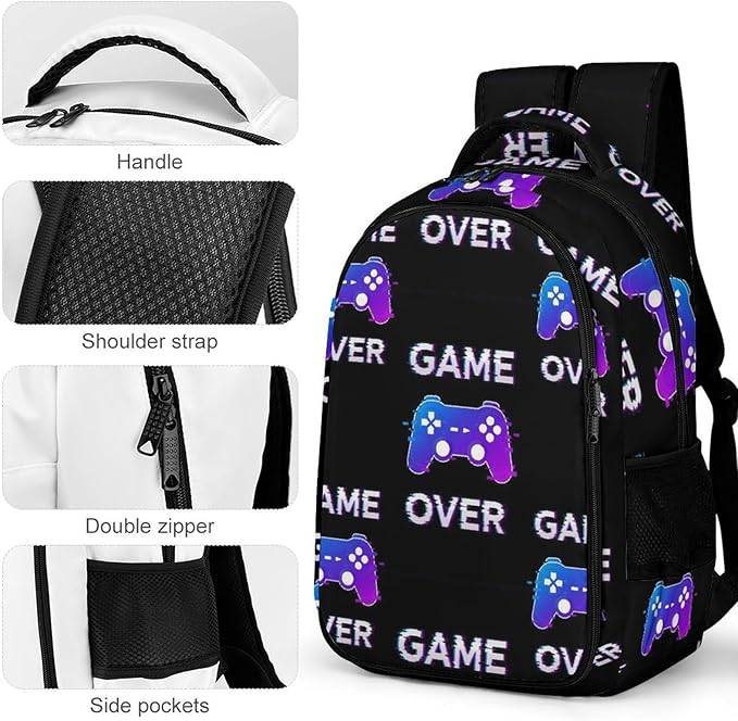 Laptop Backpack Video Games Joystick Game over, Sturdy Water Resistant College Bookbag with Water Bottle Pockets for Business Travel Commute