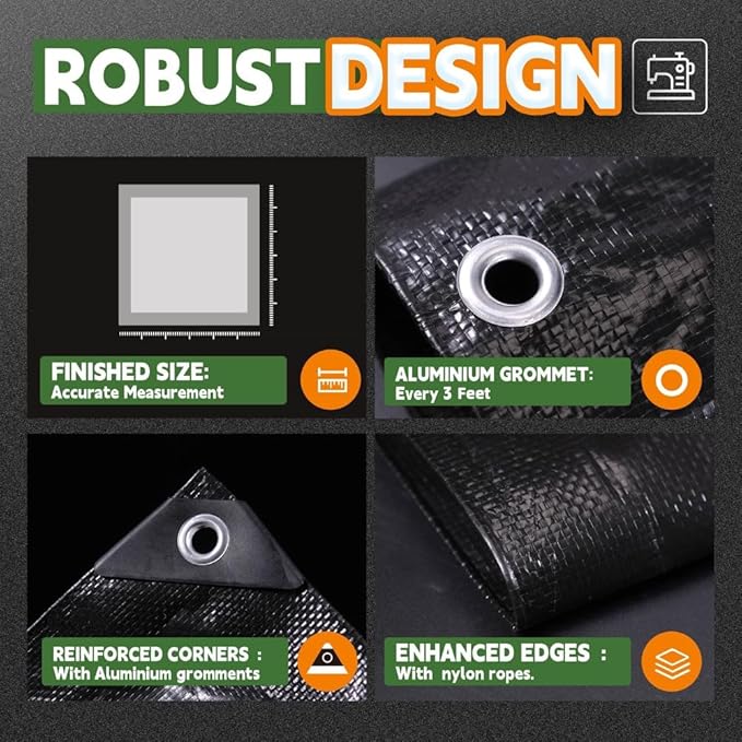 Small Black Tarps 4x4 Feet (2 Pack), UV Resistant, 8 Mil Multipurpose Medium Duty Waterproof Poly Tarp Cover with Metal Grommets and Reinforced Edges by RAINDEWAY