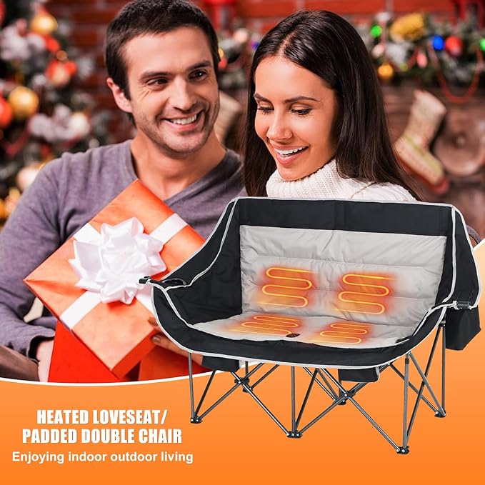 CDEN Heated Camping Chair with Battery, Padded Chair, Oversized Camping Loveseat, Double Camping Chairs, with Cup Holder, Cooler Bag, Wine Holder, Dual Power Banks Included(Black & Gray)