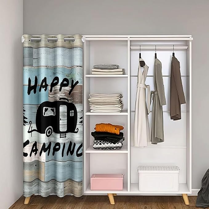 Happy Camping Adventure Door Curtain,Pine Tree Camper Silhouette Rustic Blackout Curtain,Wooden Plank Farmhouse Cabin Bedroom Doorway Living Room Decor,Blue Privacy Door Drape 1 Panel,34" W X 80" L