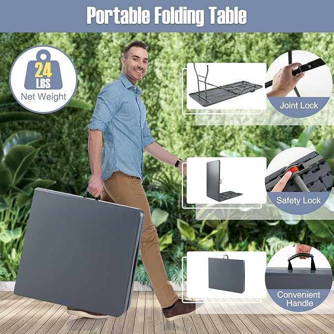 Folding Table, HDPE Portable Table with 6 ft Long Tabletop, Metal Frame Picnic Camping Table with Safe Lock, Collapsible Dining Table for Camping, Picnic, Party (Gray, 6 FT)