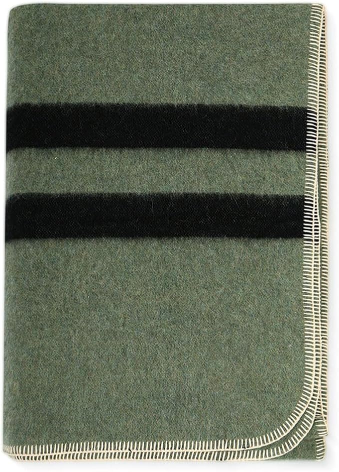 Thick Alpaca Wool Blanket Heavyweight for Camping Outdoors or Using Indoors | Soft Peruvian Alpaca Wool Blankets (Fern Green - Black Stripes, Queen)