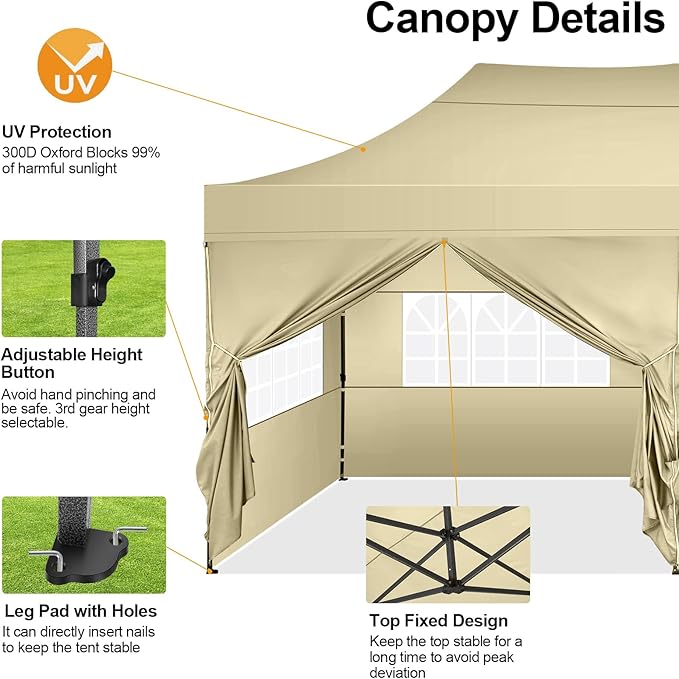 COBIZI 10x20 Pop up Canopy Tent 10x20 Canopy with 6 Sidewalls Waterproof Heavy Duty Gazebo Commercial Canopy Tent for Parties Outdoor Gazebo, Carry Bag with Wheel(10x20ft, Khaki)