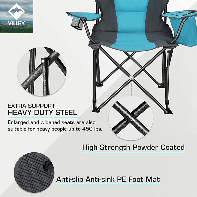 VILLEY Camping Chair, Oversized Folding Camp Chair, Portable Outdoor Chairs Support 450 LBS with Padded Seats, Cooler Bag, Cup Holder, Carry Bag, Blue