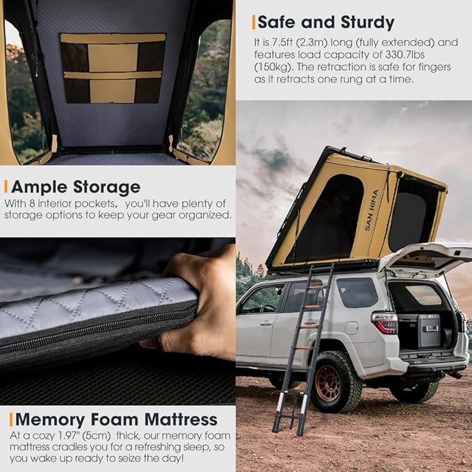 Sanhima Rooftop Tent Hard Shell - Hotham Lite Overland Aluminium Roof Top Tent 4.56" Slimline, w/Tri-Color LED Strip Light & 1.97” Thick Mattress, for Car SUV Truck Camping, 2-3 People