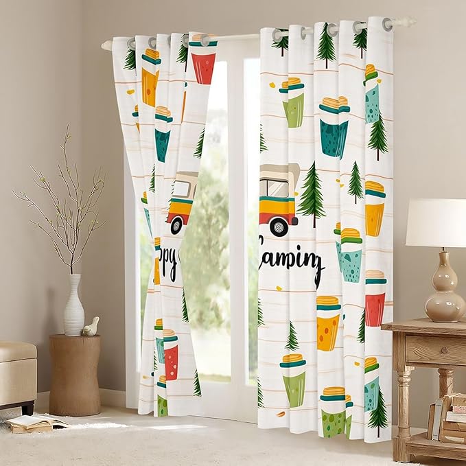 Erosebridal Happy Camping Window Curtains 52" Wx84 L Summer Camp Camper Blackout Curtains for Bedroom Living Room,Camping Adventure Window Treatments Travel Car Rv Forest Drapes Decor 2 Panels