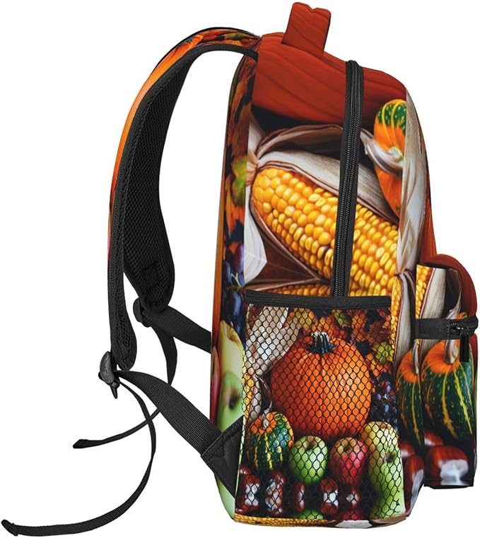 Shoulder Book Bags Anti-Theft Multipurpose Big Capacity Bookbag, Thanks Giving Pumpkin Corn Fruit Art Travel Hiking Backpack With Smooth Zippers