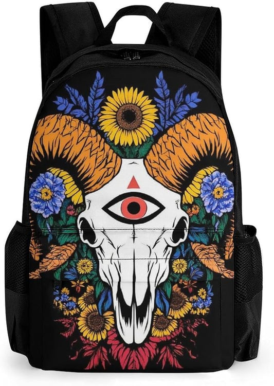 Shoulder Book Bags Anti-Theft Multipurpose Big Capacity Bookbag, Sunflower Goat Skull Art Travel Hiking Backpack With Smooth Zippers