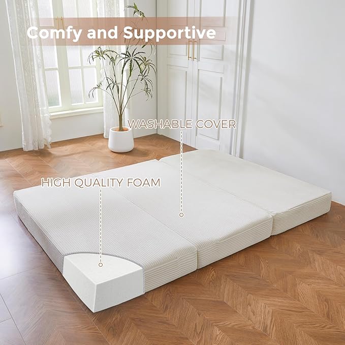 BYBYME Tri-Folding Corduroy Mattress, 6 Inches Gel Folding Mattress Topper, Foldable Soft Guest Bed Camping Pad, Washable Cover (Beige, Full)