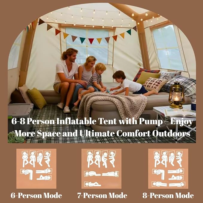 Easy Setup Inflatable Camping Tent, Waterproof 4 Season Air Tent with Hand Pump, Oxford Glamping Tent for 4/6/8 Adults