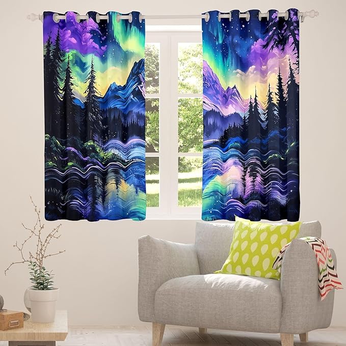 Manfei Northern Lights Kids Blackout Curtains,North Pole Pine Tree Lake River Boys Girls Room Decor,Mountain Rainbow Starry Sky Nature Window Drapes,Blue Purple 2 Panels,42Wx90L inch