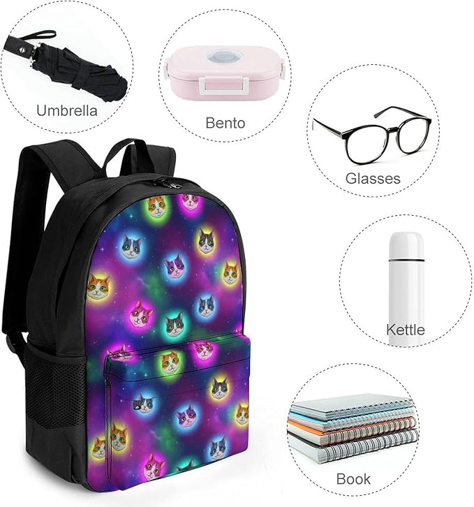 Men Women Lightweight Galaxy Cats Cat Heads In Space Galaxy Casual Daypack Large Capacity Bookbag With Adjustable Shoulder Straps for Gym Business Bicycle