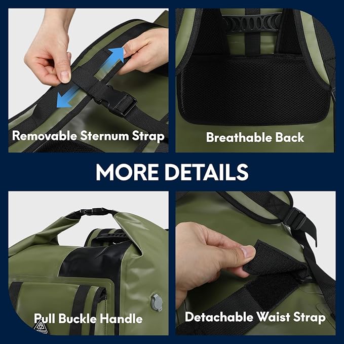 Haimont Dry Waterproof Roll Top Backpack Marine Dry Bag River Pack with Waist Belt Camping Surfing 60L, Army Green/Black