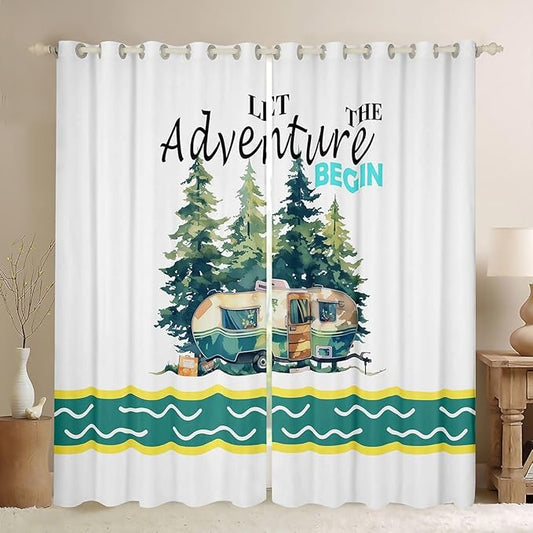 Happy Camping RV Blackout Curtains,Camper Trailer Nature Adventure Boys Girls Room Decor,Pine Tree Rustic Farmhouse Window Drapes,Country Green 2 Panels,52Wx96L inch