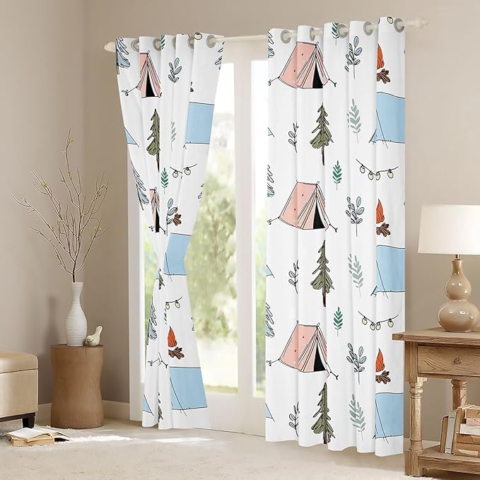 Feelyou Camping Camper Curtains for Bedroom Living Room Campfire Tent Blackout Darkening Drapes Happy Camping Window Treatments, 2 Panels 52 x 96 Inch Room Decor