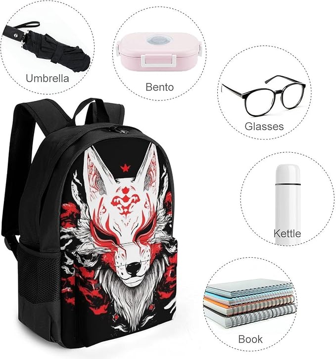 Polyester Daypack for Hiking Work Running, Big Capacity Anti-Theft Multipurpose Shoulder Bag, Japanese Kitsune Mask Fox Art Travel and Sport Backpack Rucksack