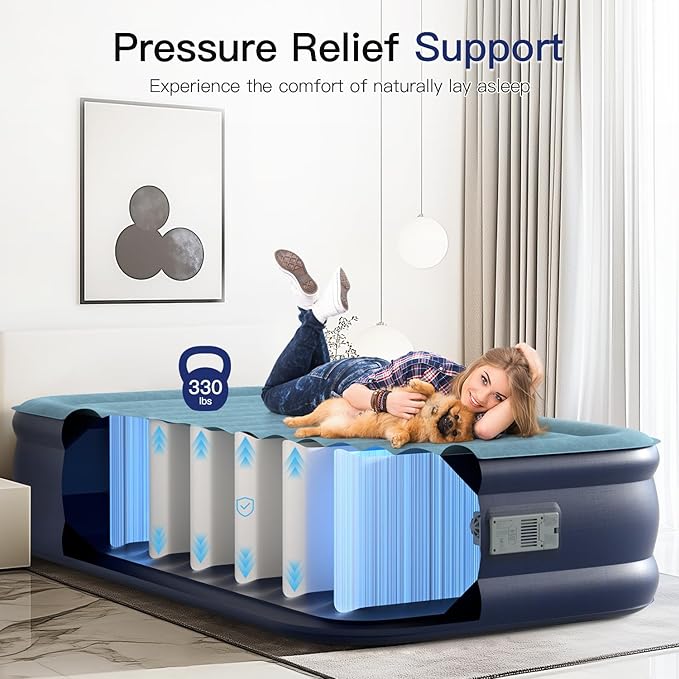 Twin Air Mattress 18” with Built in Pump, 2 Mins High Speed Inflation Luxury Auto Stop Pump Blow Up Mattress Comfort Air Bed, Colchones Inflables