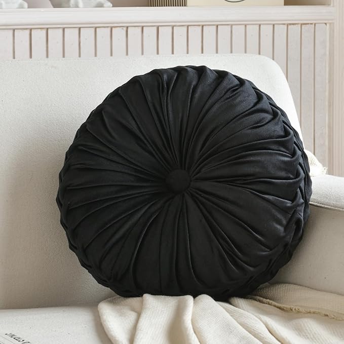 Round Throw Pillow Velvet Home Decoration Pleated Round Pillow Cushion for Couch Chair Bed Car Black