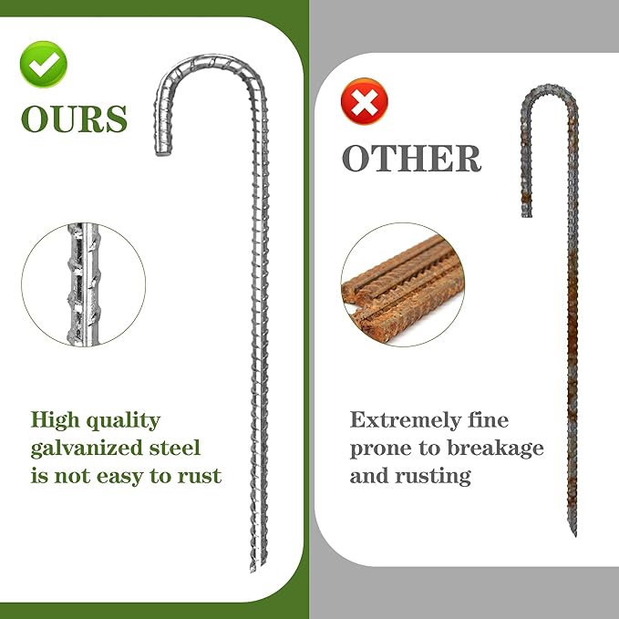 Toopify 12 Pack Rebar Stakes, 12 Inch Heavy Duty J Hook Galvanized Ground Anchors, Anti Rust Metal Steel Tent Stakes Garden Fence Stakes, Silver