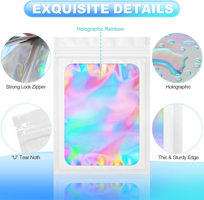 100 Pieces Smell Proof Mylar Bags- Resealable Holographic Packaging Pouch Bag with Clear Window for Food Storage Eyelash Jewelry Electronics Storage (White, 5.5 x 7.8 Inch)