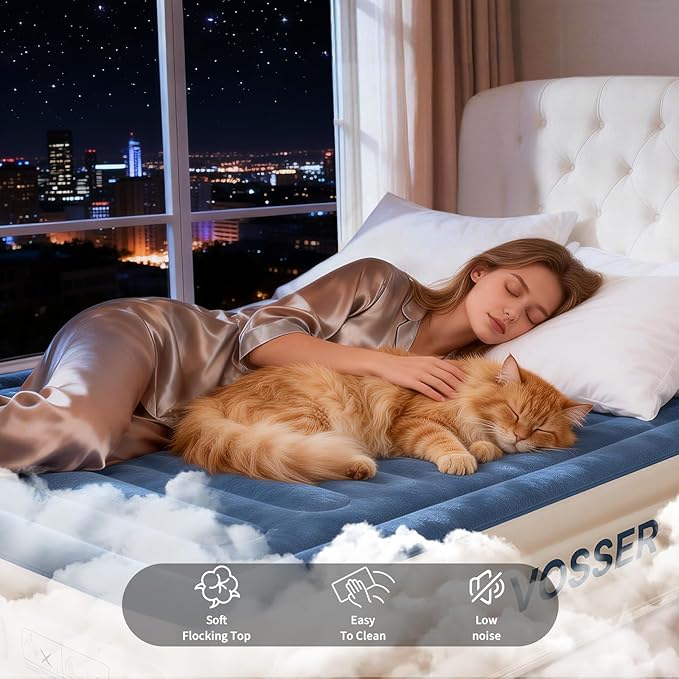 Queen Air Mattress with Built-in Pump,18'' Raised Blow Up Mattress, Leak-Proof Air Bed with Storage Bag, Flocked Top Inflatable Mattress for Home, Camping & Guests，800lbs