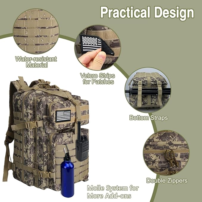 WOLT Military Tactical Backpack for Men 45L Molle Backpack 3 Day Assault Pack Bug Out Bag, Heavy Duty Rucksack for Hiking Gym, Camouflage Khaki