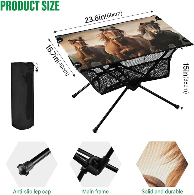 Horse Portable Folding Camping Table, Compact Lightweight Beach Table with Carrying Bag for Outdoor Picnics, BBQs, Camp